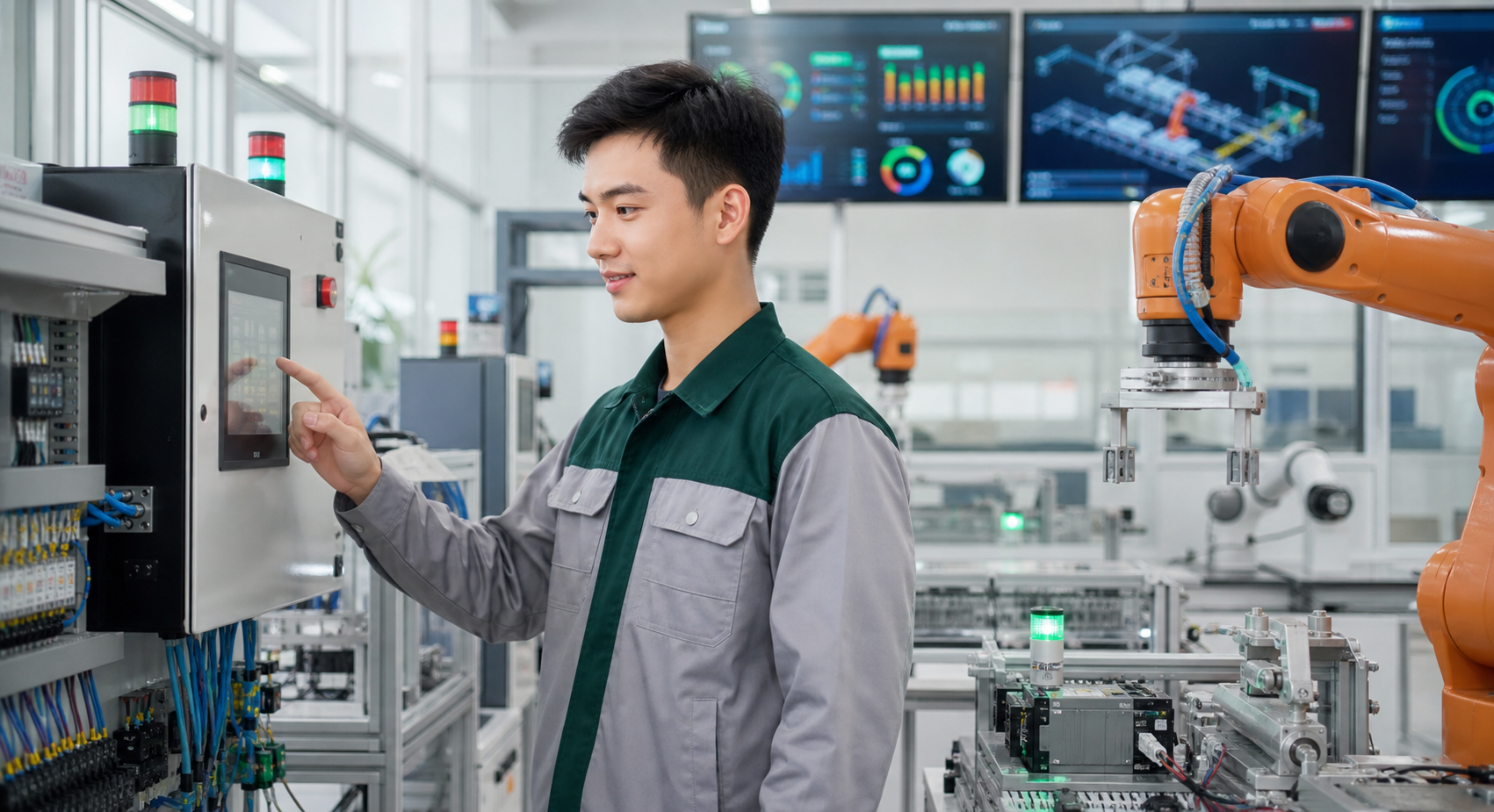 Sinh viên ngành Công nghệ Kỹ thuật Điều khiển và Tự động hóa thực hành trong phòng lab smart factory